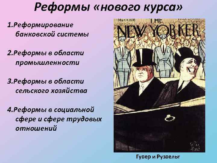 Реформы «нового курса» 1. Реформирование банковской системы 2. Реформы в области промышленности 3. Реформы