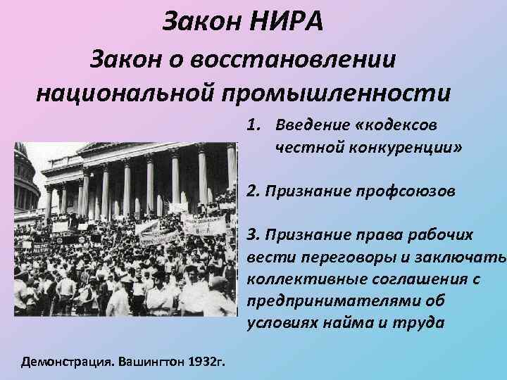 Закон НИРА Закон о восстановлении национальной промышленности 1. Введение «кодексов честной конкуренции» 2. Признание