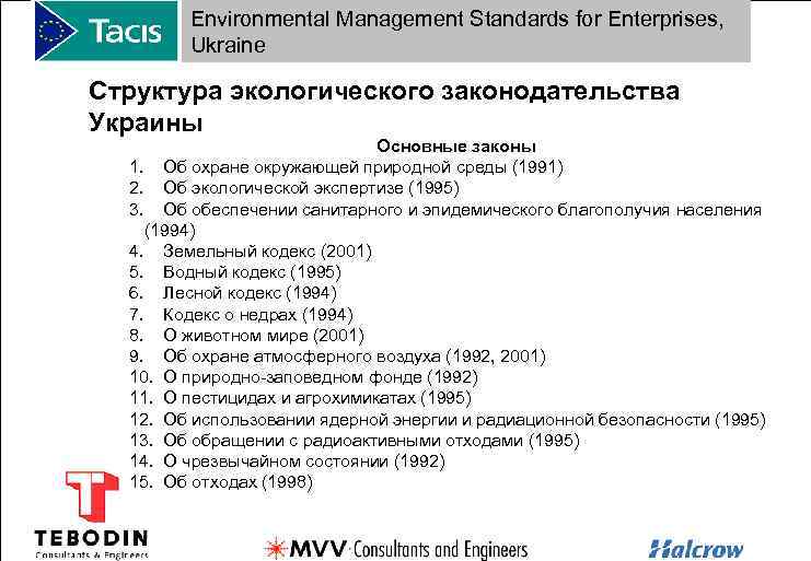 Environmental Management Standards for Enterprises, Ukraine Структура экологического законодательства Украины Основные законы 1. Об