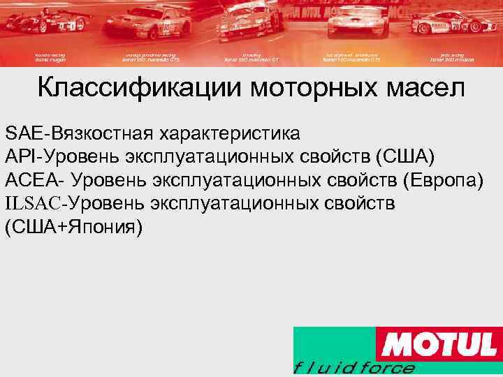 Классификации моторных масел SAE-Вязкостная характеристика API-Уровень эксплуатационных свойств (США) ACEA- Уровень эксплуатационных свойств (Европа)