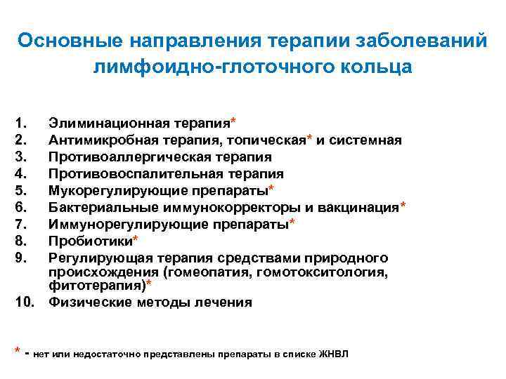 Основные направления терапии заболеваний лимфоидно-глоточного кольца 1. 2. 3. 4. 5. 6. 7. 8.
