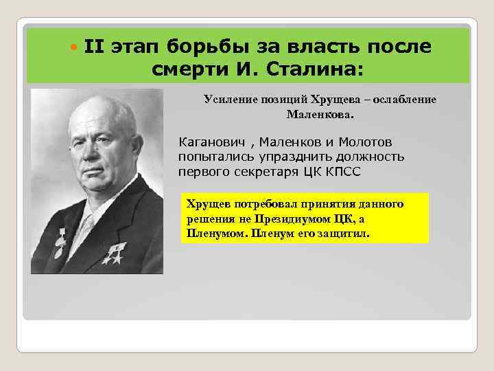  II этап борьбы за власть после смерти И. Сталина: Усиление позиций Хрущева –