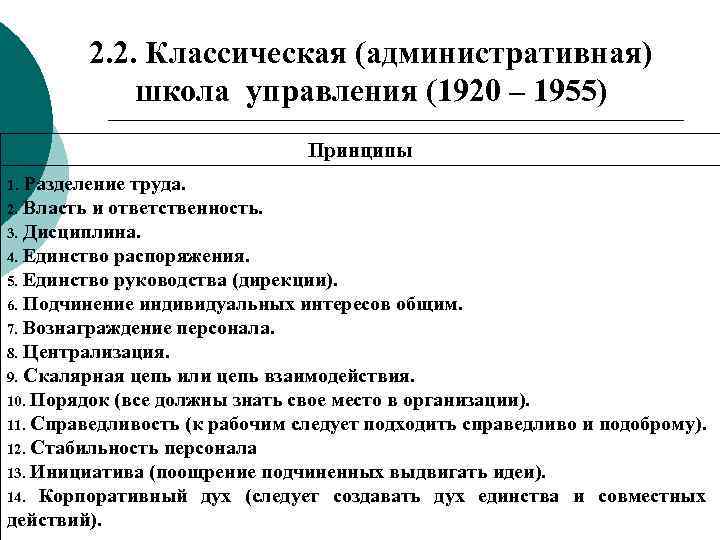 2. 2. Классическая (административная) школа управления (1920 – 1955) Принципы Разделение труда. 2. Власть