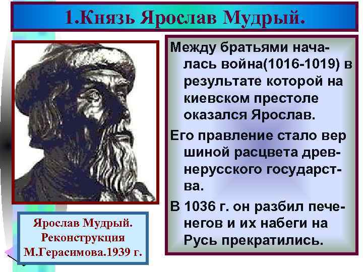 Меню 1. Князь Ярослав Мудрый. Реконструкция М. Герасимова. 1939 г. Между братьями началась война(1016