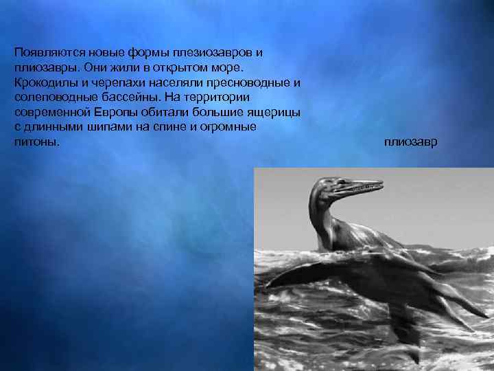 Появляются новые формы плезиозавров и плиозавры. Они жили в открытом море. Крокодилы и черепахи