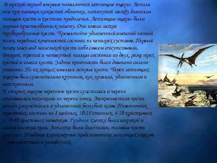  В юрский период впервые появляются летающие ящеры. Летали они при помощи кожистой оболочки,