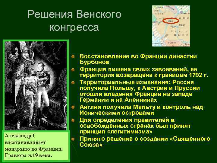 Решения Венского конгресса Александр I восстанавливает монархию во Франции. Гравюра н. 19 века. Восстановление
