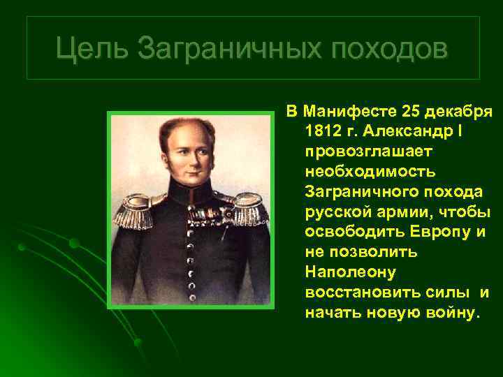 Цель Заграничных походов В Манифесте 25 декабря 1812 г. Александр I провозглашает необходимость Заграничного