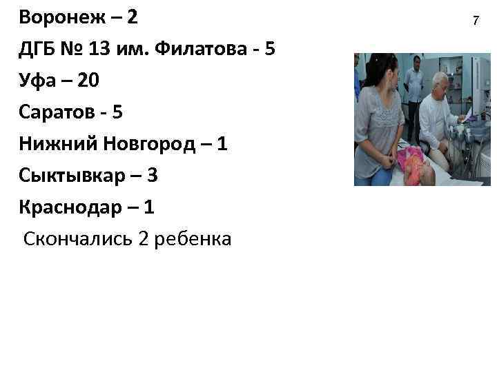 Воронеж – 2 ДГБ № 13 им. Филатова - 5 Уфа – 20 Саратов