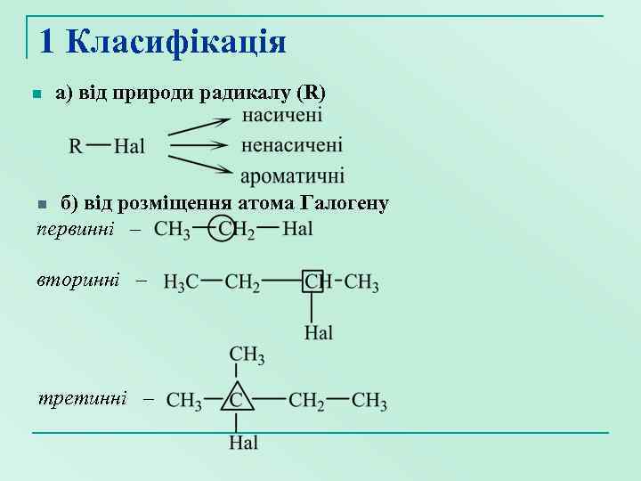 1 Класифікація n а) від природи радикалу (R) б) від розміщення атома Галогену первинні