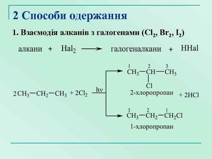 2 Способи одержання 1. Взаємодія алканів з галогенами (Cl 2, Br 2, I 2)