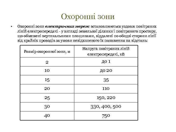 Охоронні зони • Охоронні зони електричних мереж встановлюються уздовж повітряних ліній електропередачі - у