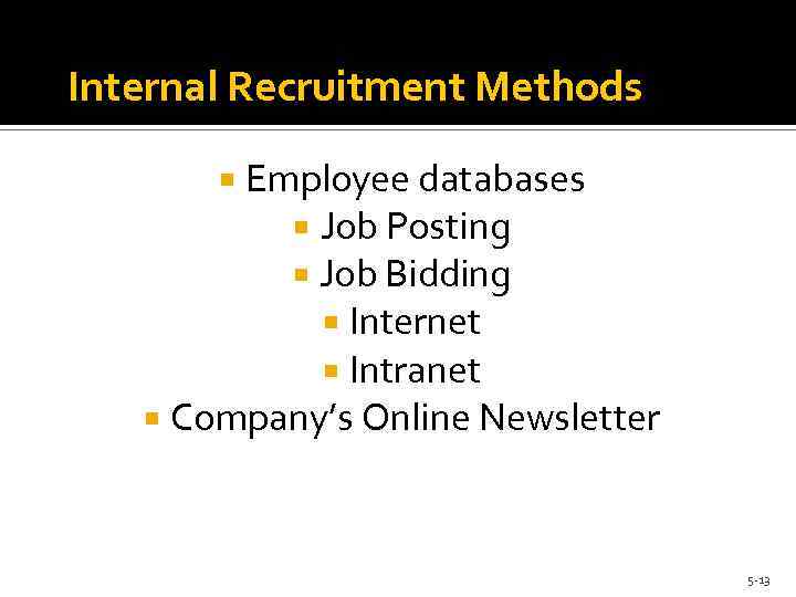 Internal Recruitment Methods Employee databases Job Posting Job Bidding Internet Intranet Company’s Online Newsletter