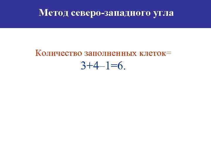 Метод северо-западного угла Количество заполненных клеток= 3+4– 1=6. 
