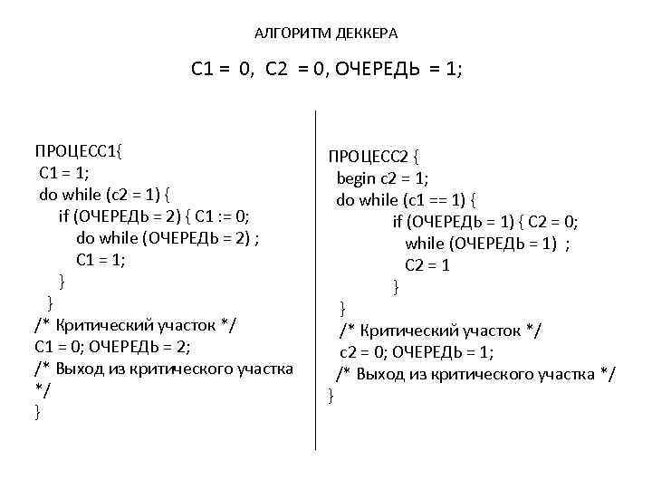 АЛГОРИТМ ДЕККЕРА C 1 = 0, C 2 = 0, ОЧЕРЕДЬ = 1; ПРОЦЕСС