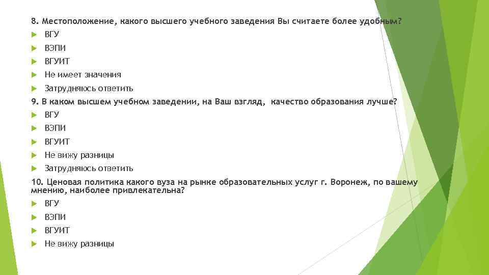 8. Местоположение, какого высшего учебного заведения Вы считаете более удобным? ВГУ ВЭПИ ВГУИТ Не