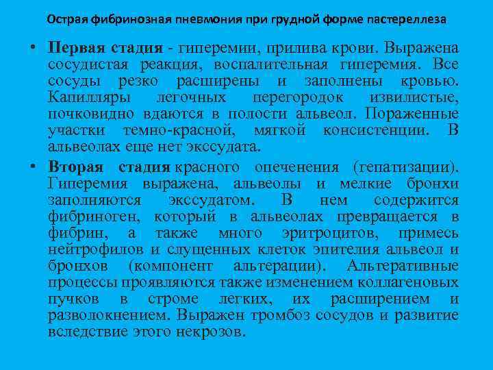 Острая фибринозная пневмония при грудной форме пастереллеза • Первая стадия гиперемии, прилива крови. Выражена