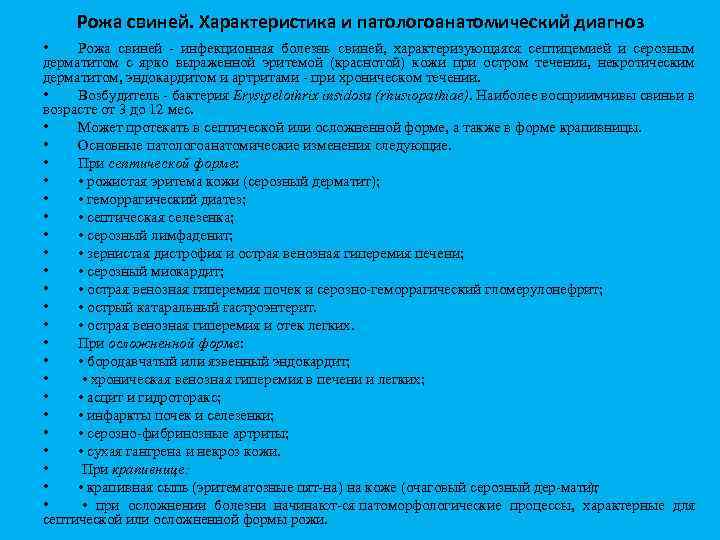 Рожа свиней. Характеристика и патологоанатомический диагноз • Рожа свиней инфекционная болезнь свиней, характеризующаяся септицемией