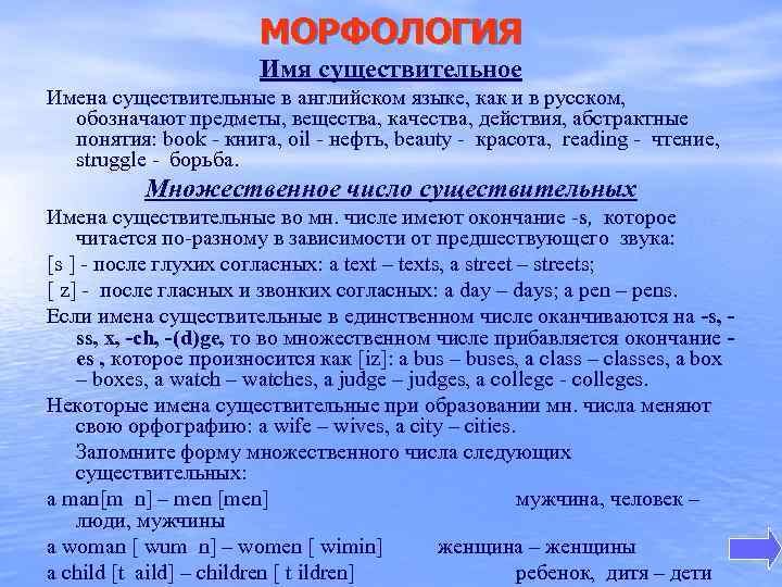 МОРФОЛОГИЯ Имя существительное Имена существительные в английском языке, как и в русском, обозначают предметы,