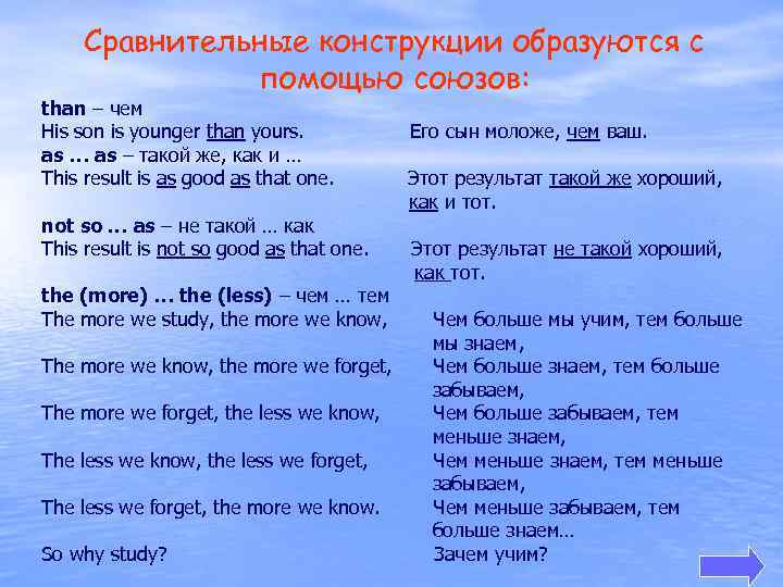 Сравнительные конструкции образуются с помощью союзов: than – чем His son is younger than