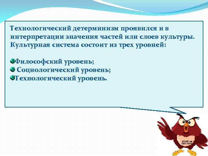 Технологический детерминизм проявился и в интерпретации значения частей или слоев культуры. Культурная система состоит