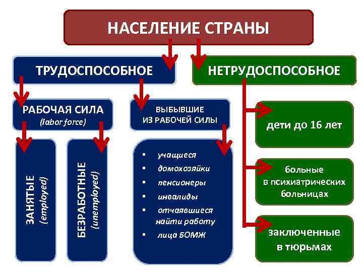 НАСЕЛЕНИЕ СТРАНЫ ТРУДОСПОСОБНОЕ РАБОЧАЯ СИЛА (unemployed) БЕЗРАБОТНЫЕ (employed) ЗАНЯТЫЕ (labor force) НЕТРУДОСПОСОБНОЕ ВЫБЫВШИЕ ИЗ