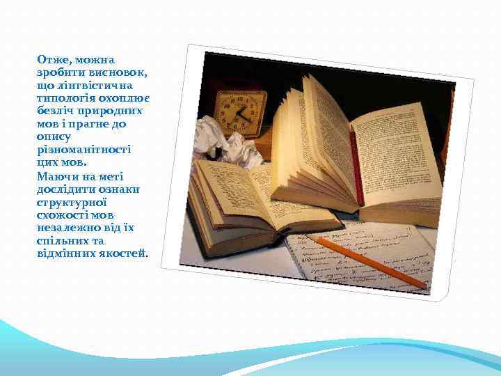 Отже, можна зробити висновок, що лінгвістична типологія охоплює безліч природних мов і прагне до
