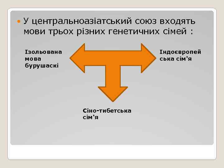 У центральноазіатський союз входять мови трьох різних генетичних сімей : Ізольована мова бурушаскі