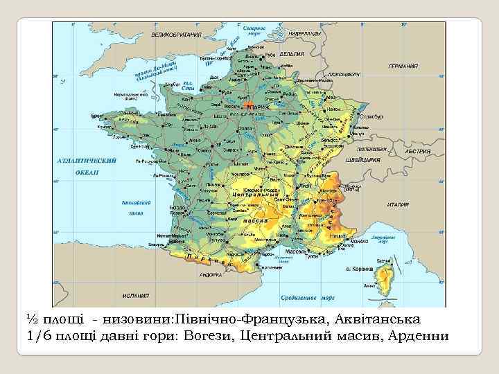 ½ площі - низовини: Північно-Французька, Аквітанська 1/6 площі давні гори: Вогези, Центральний масив, Арденни