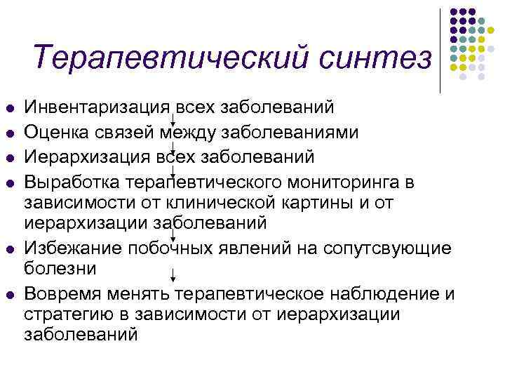 Терапевтический синтез l l l Инвентаризация всех заболеваний Оценка связей между заболеваниями Иерархизация всех