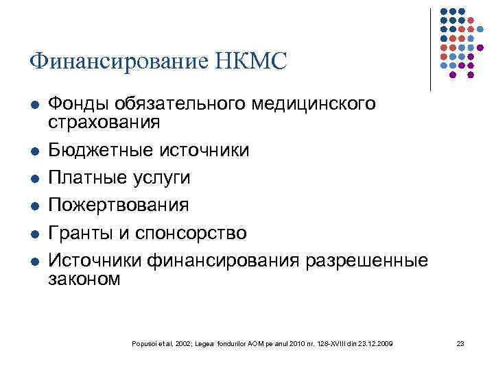 Финансирование НКМС l l l Фонды обязательного медицинского страхования Бюджетные источники Платные услуги Пожертвования