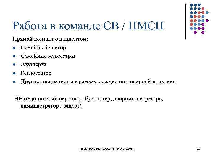 Работа в команде СВ / ПМСП Прямой контакт с пациентом: l Семейный доктор l