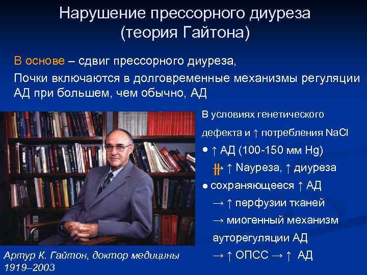 Нарушение прессорного диуреза (теория Гайтона) В основе – сдвиг прессорного диуреза, Почки включаются в