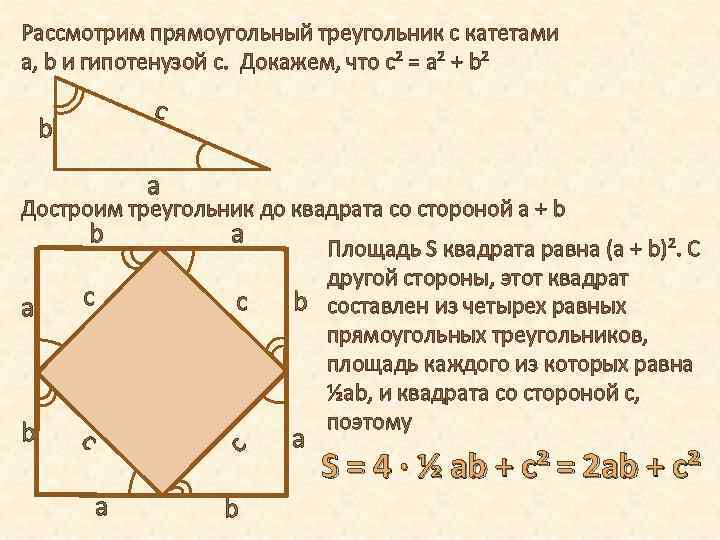 Рассмотрим прямоугольный треугольник с катетами a, b и гипотенузой с. Докажем, что с² =