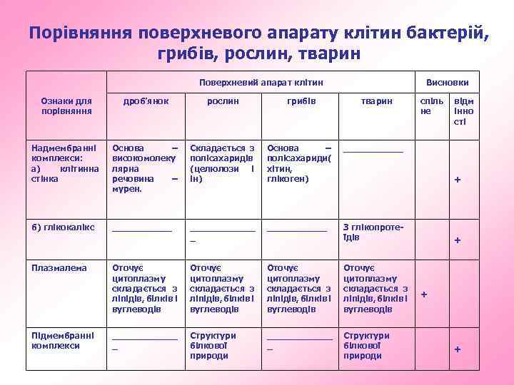 Порівняння поверхневого апарату клітин бактерій, грибів, рослин, тварин Поверхневий апарат клітин Висновки Ознаки для