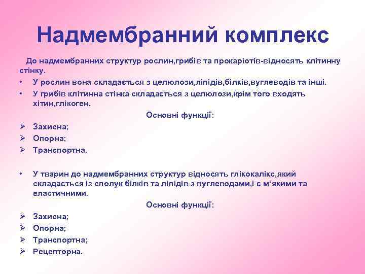 Надмембранний комплекс До надмембранних структур рослин, грибів та прокаріотів-відносять клітинну стінку. • У рослин