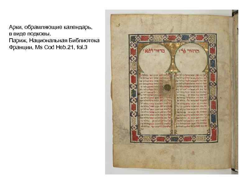 Арки, обрамляющие календарь, в виде подковы. Париж, Национальная Библиотека Франции, Ms Cod Heb. 21,
