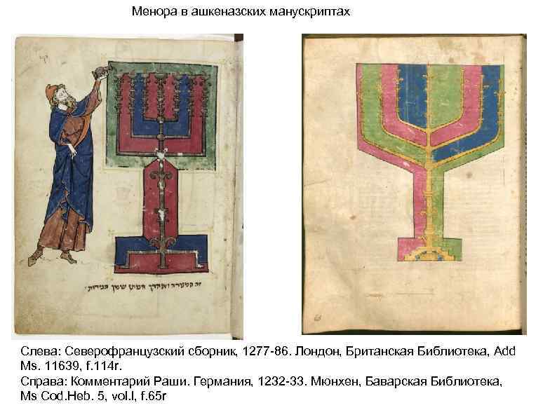 Менора в ашкеназских манускриптах Слева: Северофранцузский сборник, 1277 -86. Лондон, Британская Библиотека, Add Ms.
