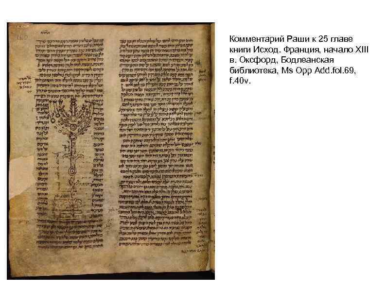 Комментарий Раши к 25 главе книги Исход. Франция, начало XIII в. Оксфорд, Бодлеанская библиотека,