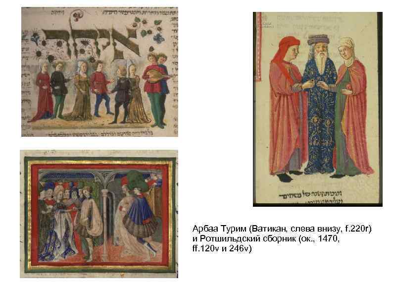 Арбаа Турим (Ватикан, слева внизу, f. 220 r) и Ротшильдский сборник (ок. , 1470,