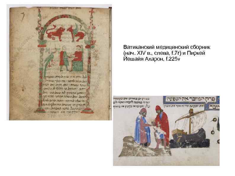 Ватиканский медицинский сборник (нач. XIV в. , слева, f. 7 r) и Пиркей Йешайя