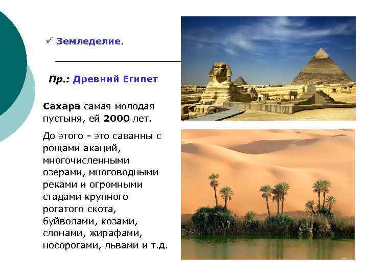 ü Земледелие. Пр. : Древний Египет Пр. : Сахара самая молодая пустыня, ей 2000
