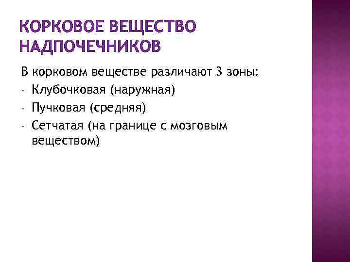 КОРКОВОЕ ВЕЩЕСТВО НАДПОЧЕЧНИКОВ В корковом веществе различают 3 зоны: - Клубочковая (наружная) - Пучковая