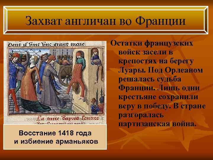 Захват англичан во Франции Остатки французских войск засели в крепостях на берегу Луары. Под