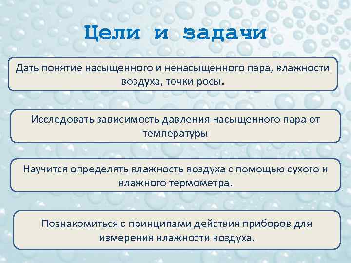 Цели и задачи Дать понятие насыщенного и ненасыщенного пара, влажности воздуха, точки росы. Исследовать