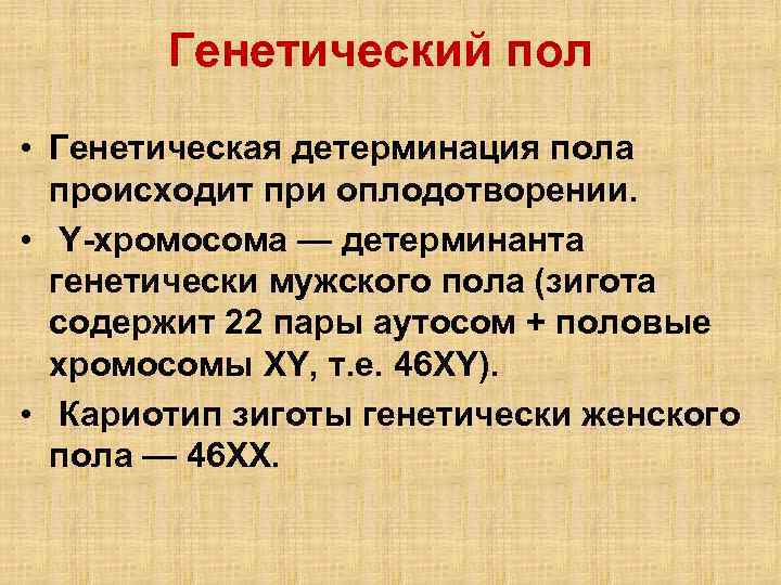 Генетический пол • Генетическая детерминация пола происходит при оплодотворении. • Y-хромосома — детерминанта генетически