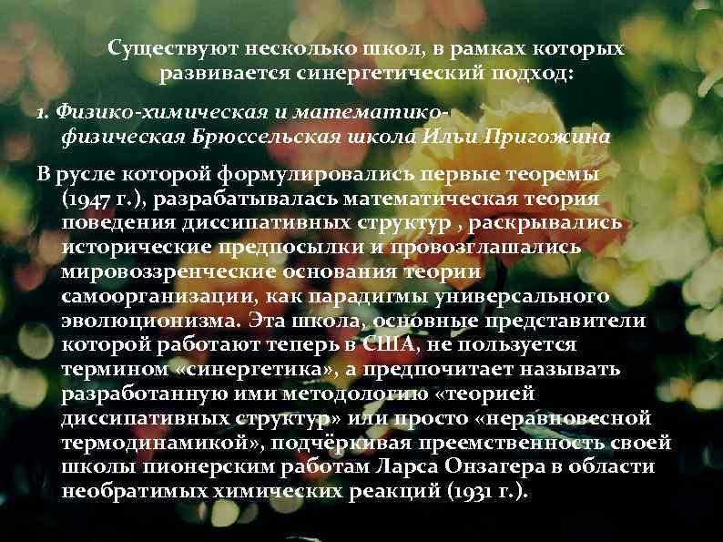 Существуют несколько школ, в рамках которых развивается синергетический подход: 1. Физико-химическая и математикофизическая Брюссельская