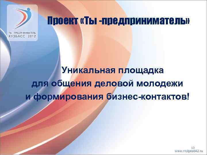 Проект «Ты -предприниматель» Уникальная площадка для общения деловой молодежи и формирования бизнес-контактов! 13 