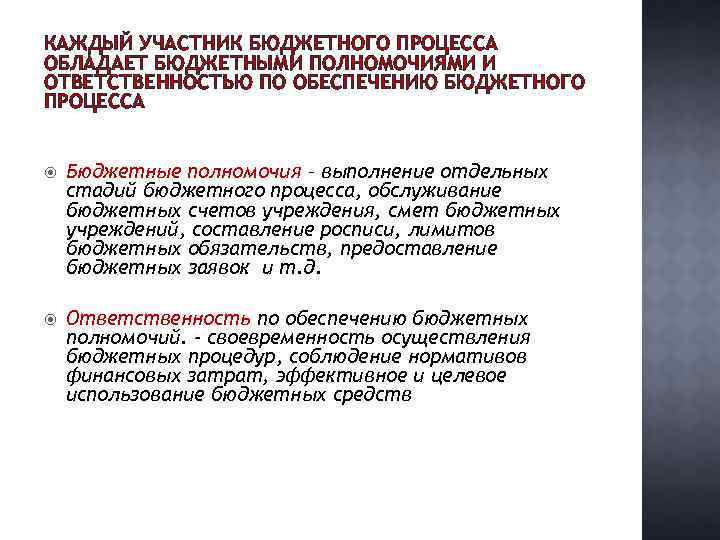 КАЖДЫЙ УЧАСТНИК БЮДЖЕТНОГО ПРОЦЕССА ОБЛАДАЕТ БЮДЖЕТНЫМИ ПОЛНОМОЧИЯМИ И ОТВЕТСТВЕННОСТЬЮ ПО ОБЕСПЕЧЕНИЮ БЮДЖЕТНОГО ПРОЦЕССА Бюджетные