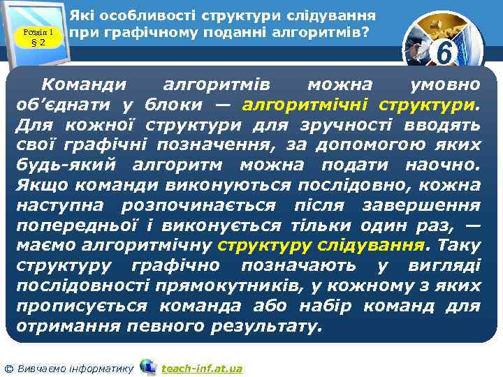 Розділ 1 § 2 Які особливості структури слідування при графічному поданні алгоритмів? www. teach-inf.